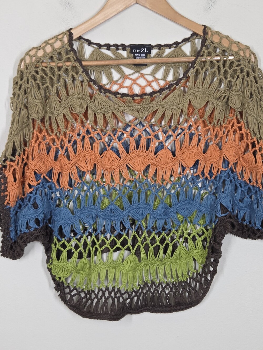 Vtg Y2K Rue 21 Crochet Knit Top Stripe One Size Boho Festival Hippie Coastal